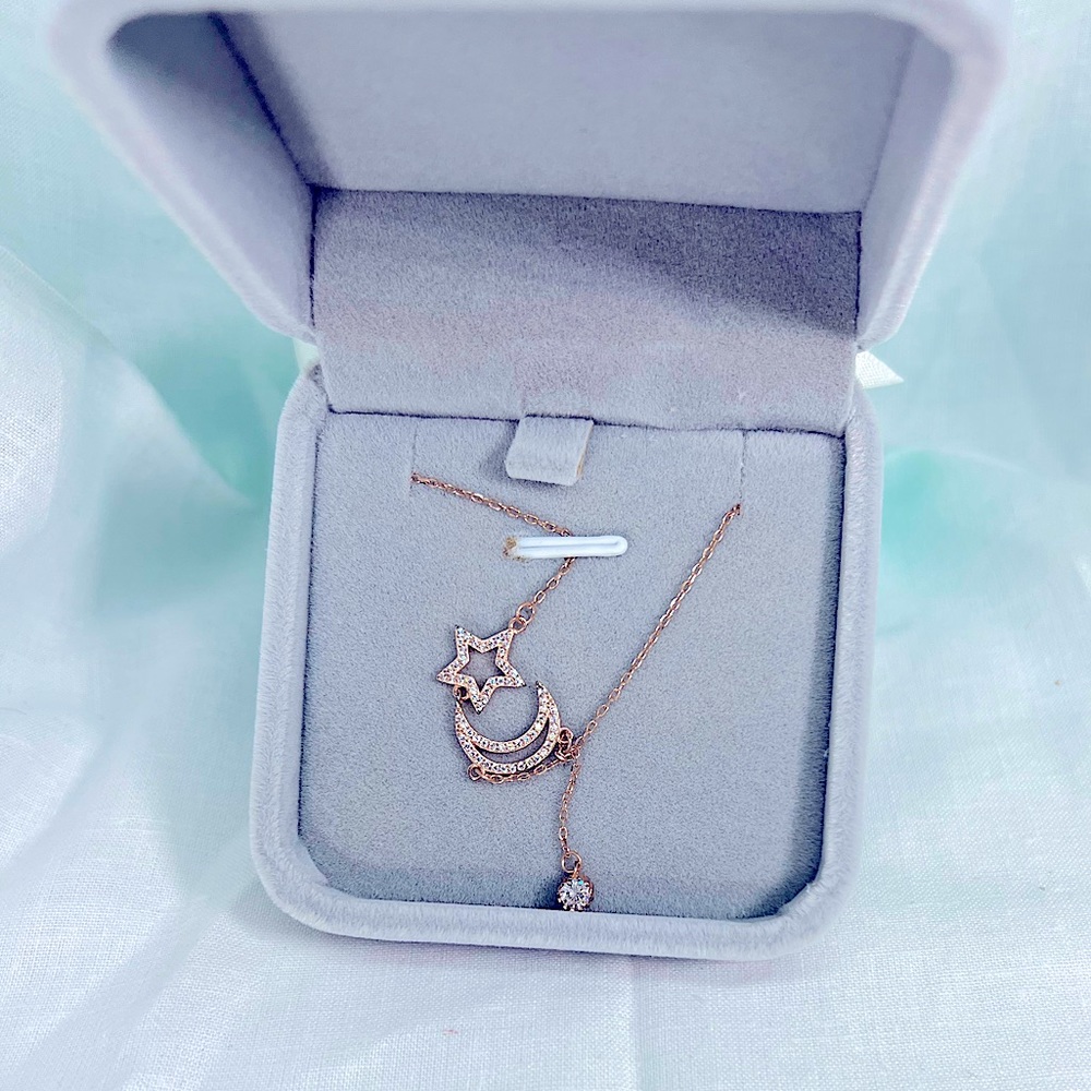 Rose Gold over Solid 925 Silver Moon Star Celestial Spiritual Necklace Gift Box